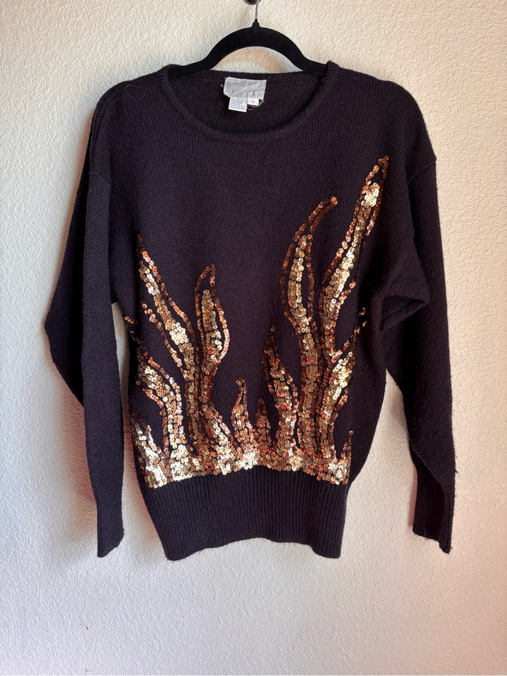 Vintage Black Sequin Flame Crewneck Sweater Regency Collection Fall Winter